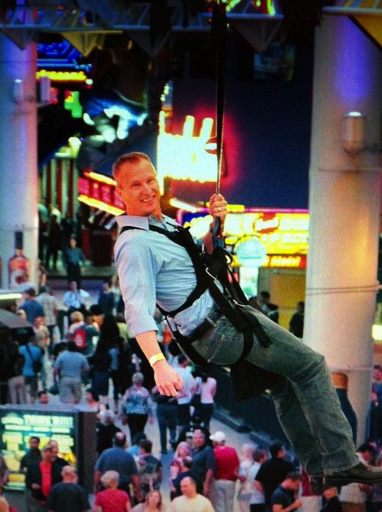 Kevin Frye ziplining in Las Vegas at Digital Dealer