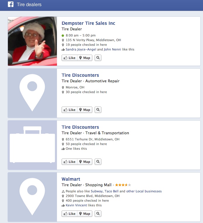 Facebook Graph search tire dealers