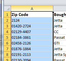 Highlighted Zip code column